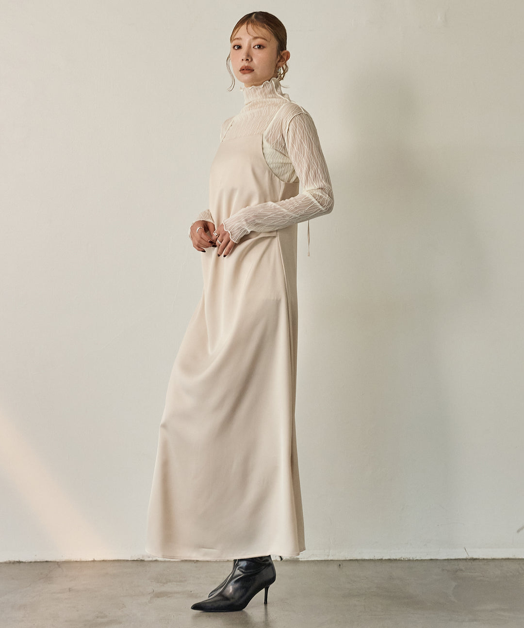 [SET]Luminous Satin Tuck C/A Onepiece+Tulle H/N Long Tee