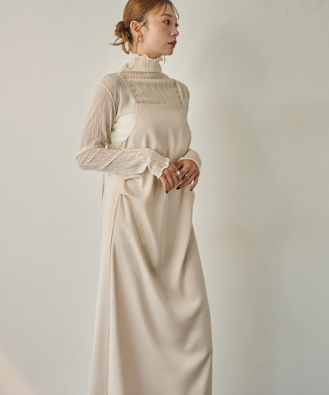 [SET]Luminous Satin Tuck C/A Onepiece+Tulle H/N Long Tee