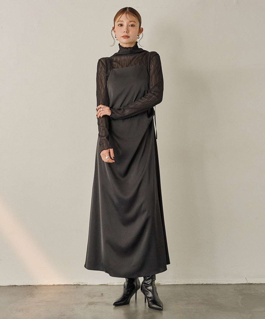 [SET]Luminous Satin Tuck C/A Onepiece+Tulle H/N Long Tee