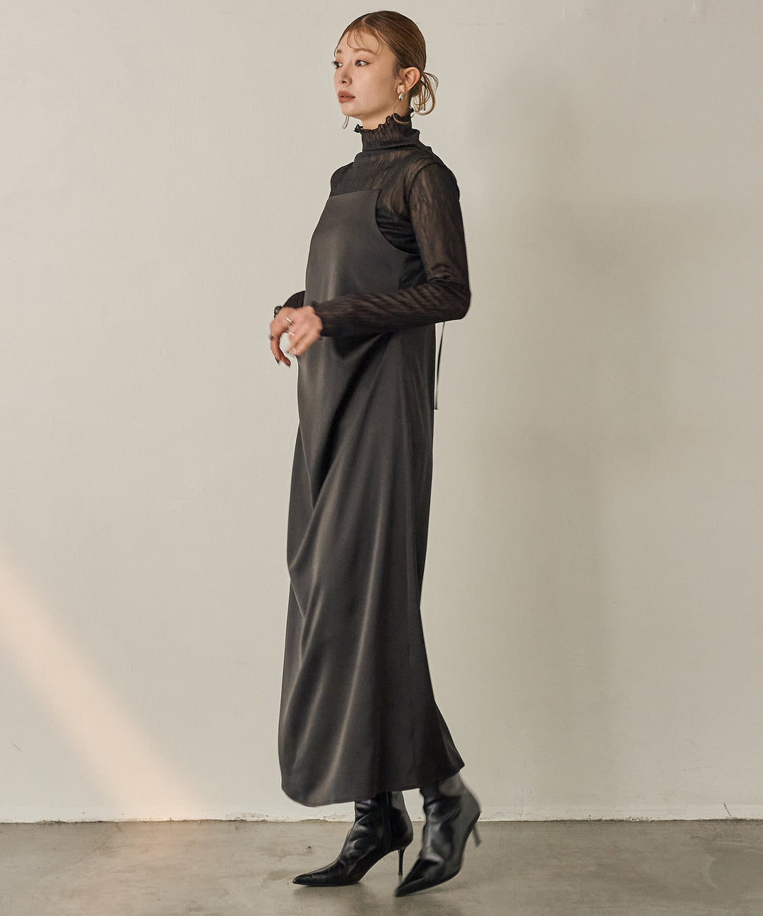 [SET]Luminous Satin Tuck C/A Onepiece+Tulle H/N Long Tee