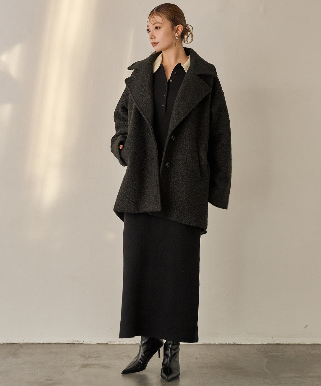 [SET]Loop Tweed Jacket Coat+Polo Knit Accent Onepiece