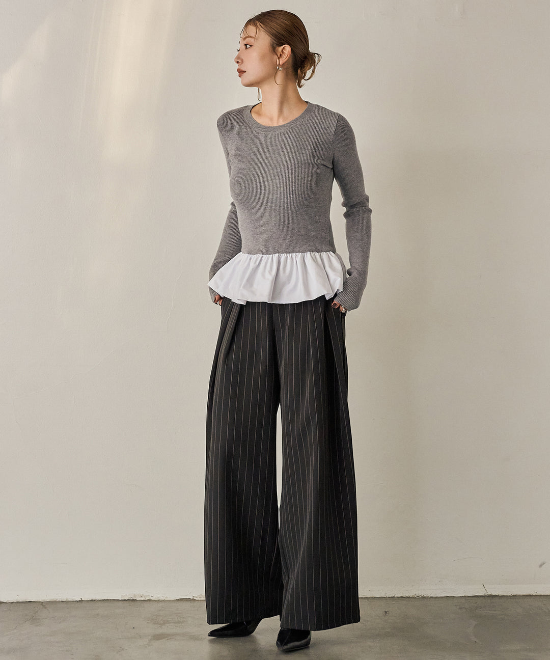 (eliuu)Peplum Combination Knit Top