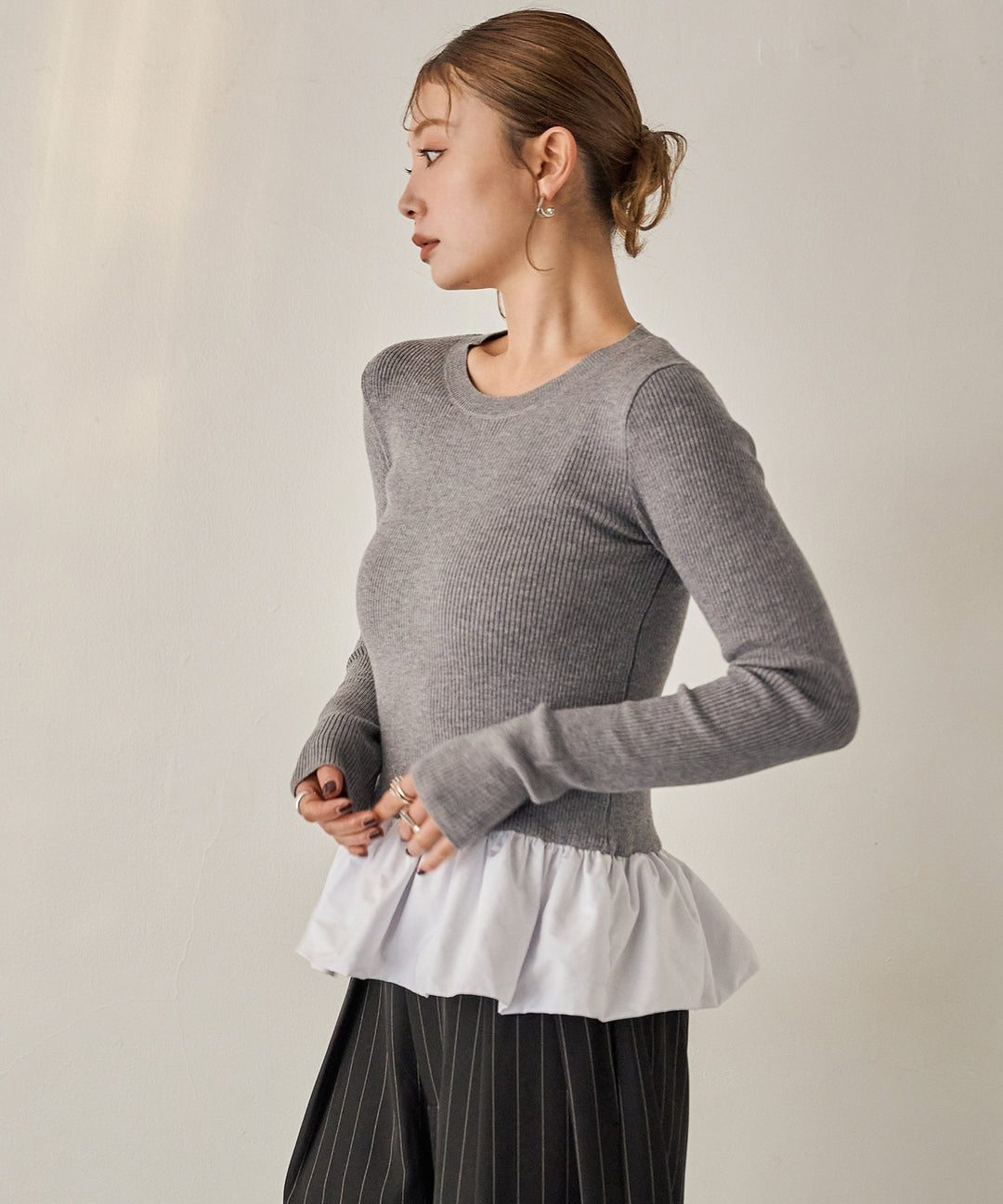 (eliuu)Peplum Combination Knit Top