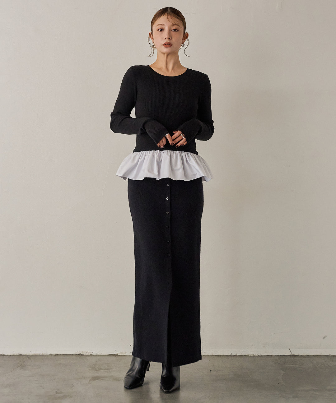 (eliuu)Peplum Combination Knit Top