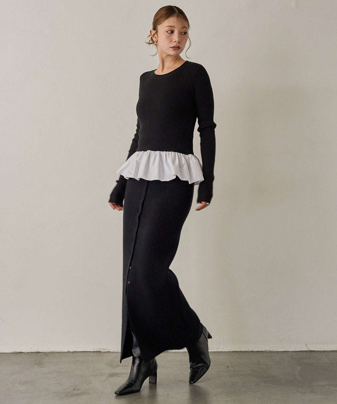 (eliuu)Peplum Combination Knit Top