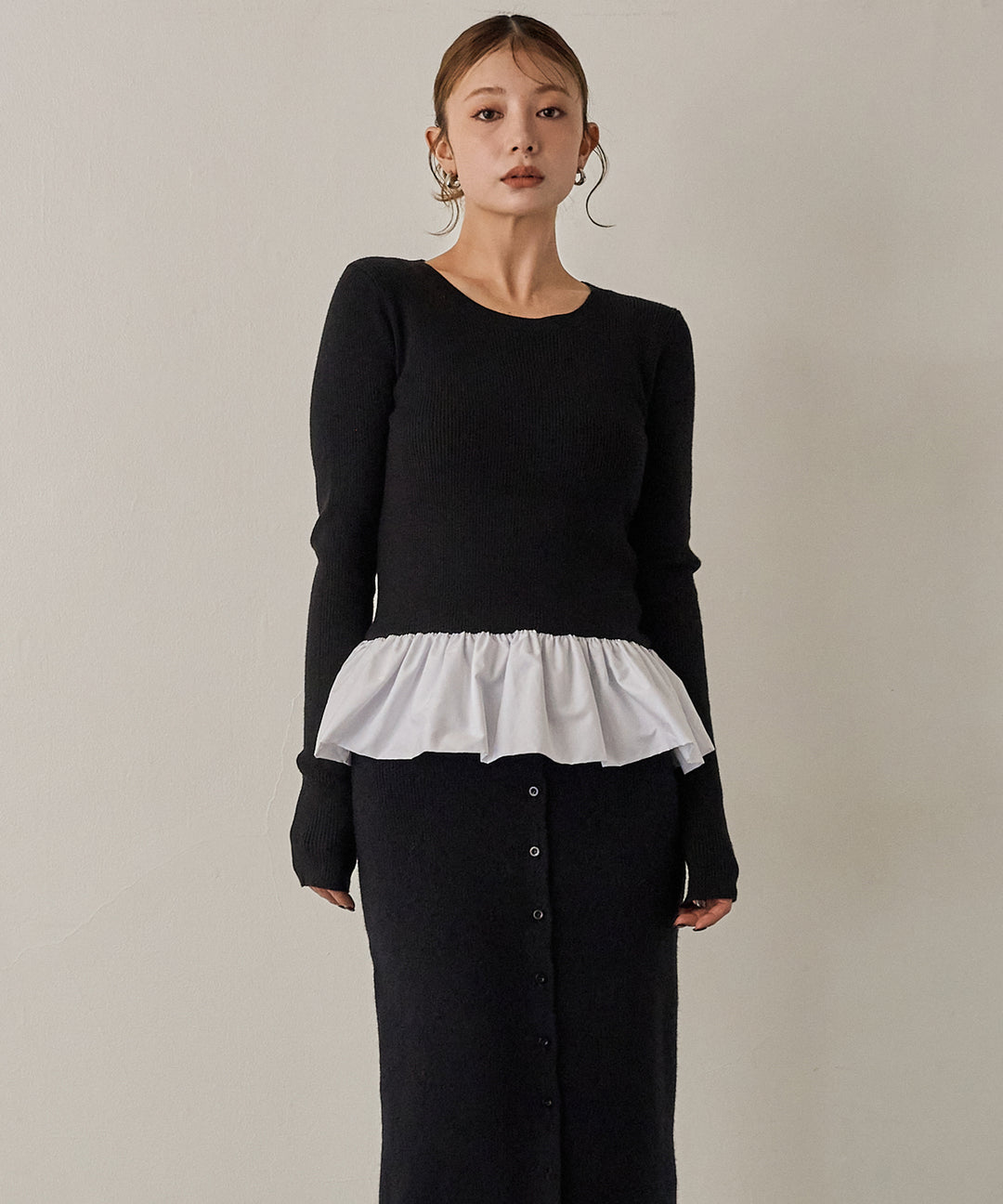 (eliuu)Peplum Combination Knit Top