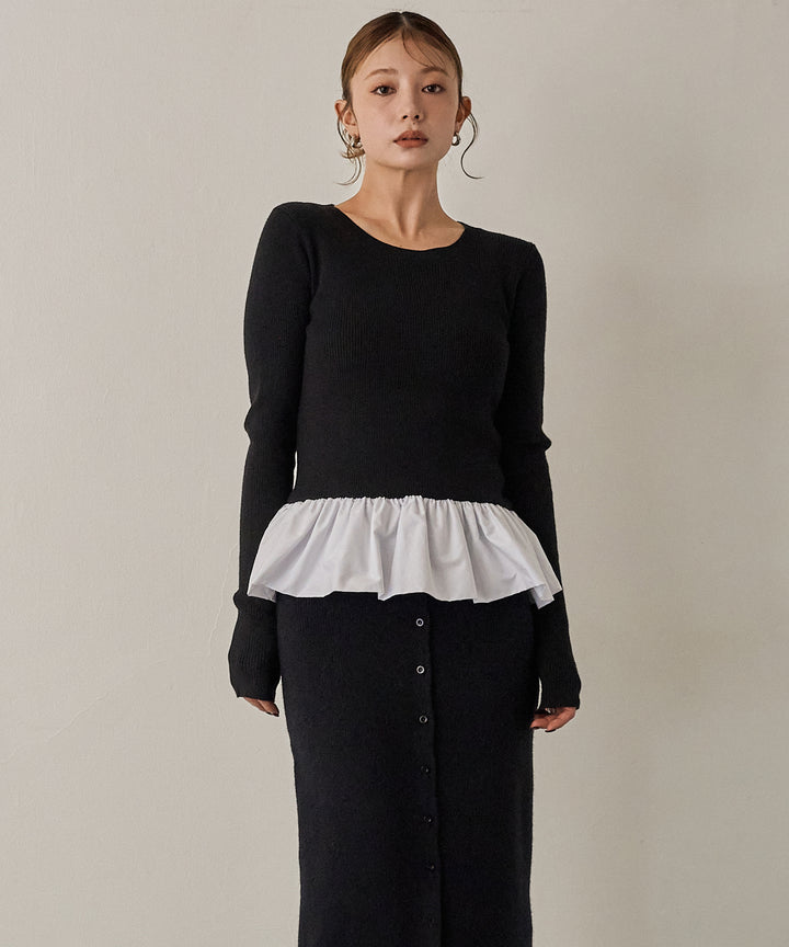 (eliuu)Peplum Combination Knit Top