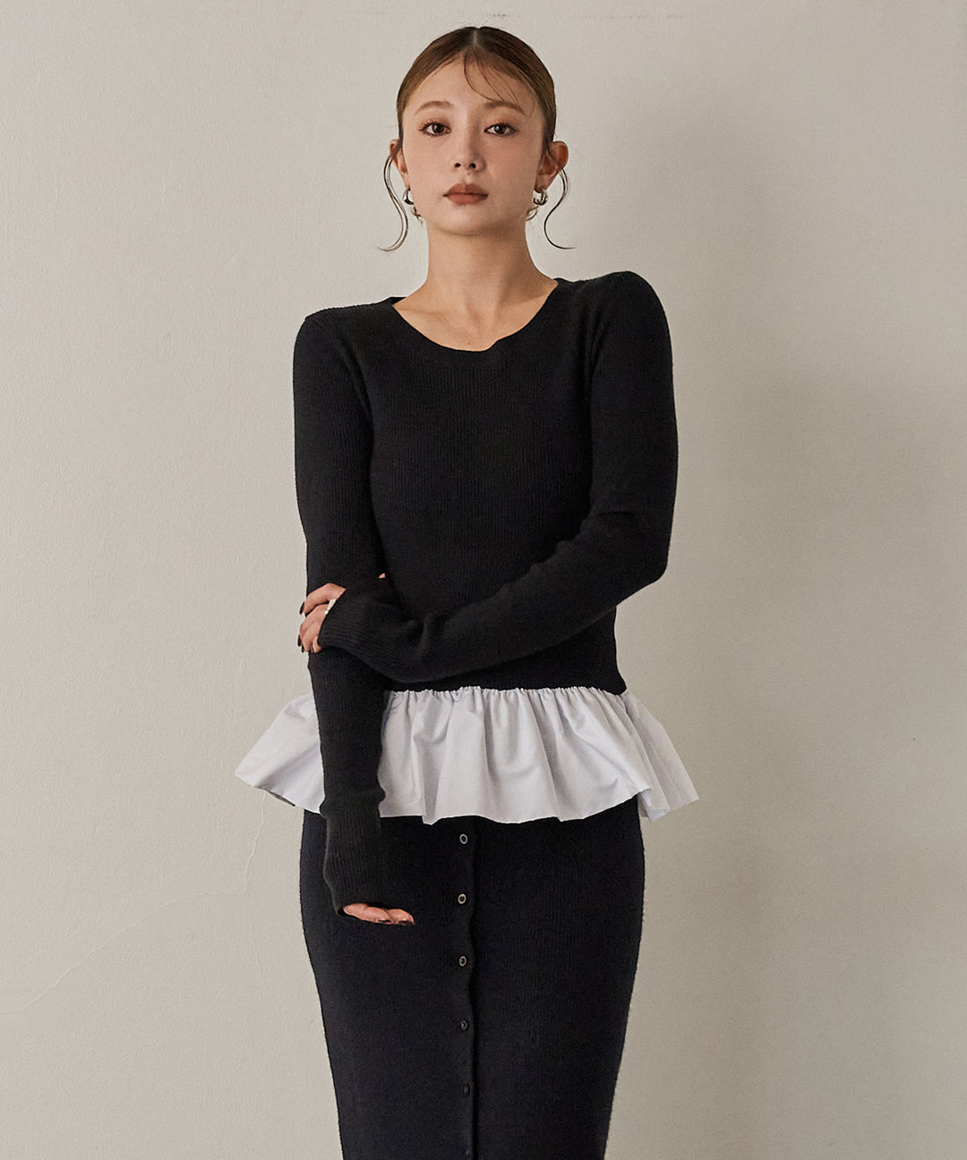 (eliuu)Peplum Combination Knit Top