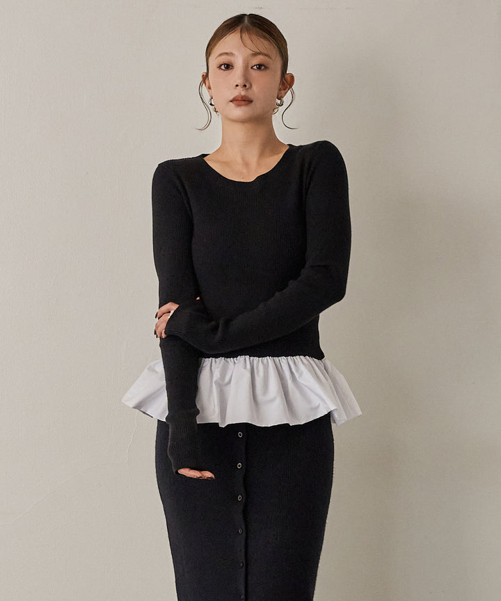 (eliuu)Peplum Combination Knit Top