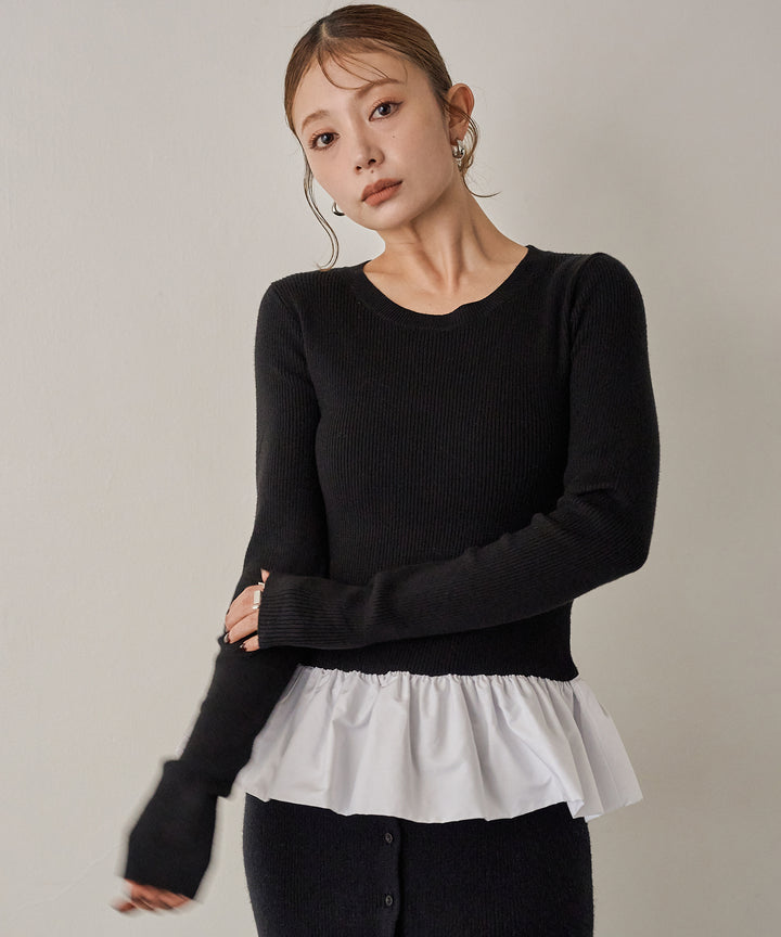 (eliuu)Peplum Combination Knit Top