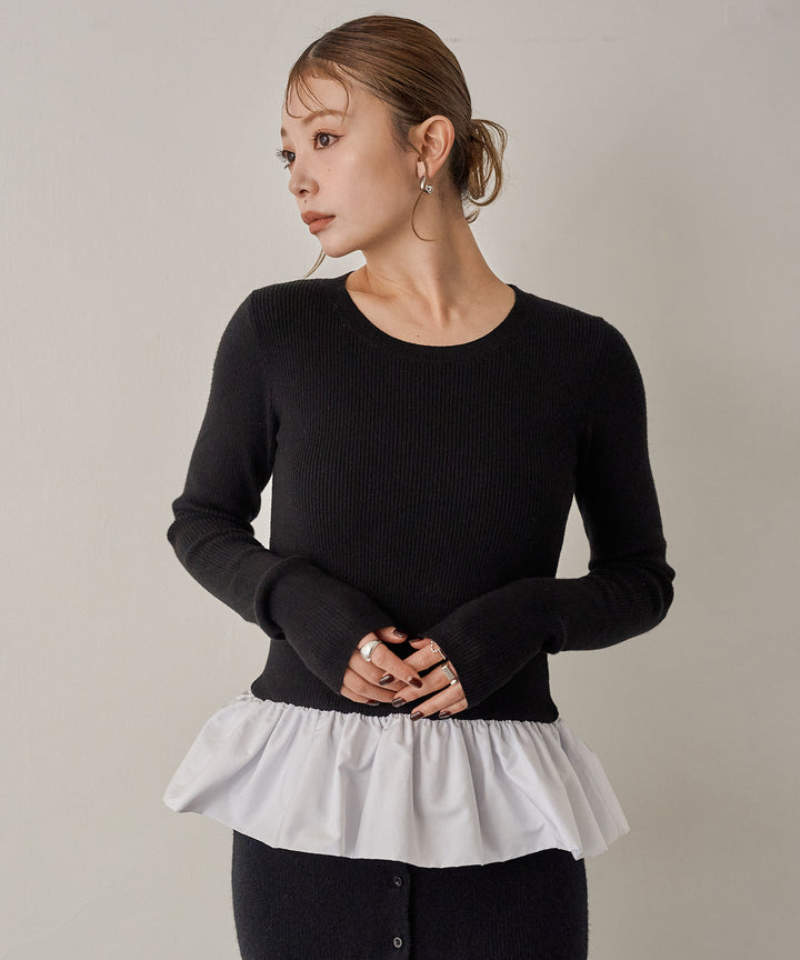 (eliuu)Peplum Combination Knit Top