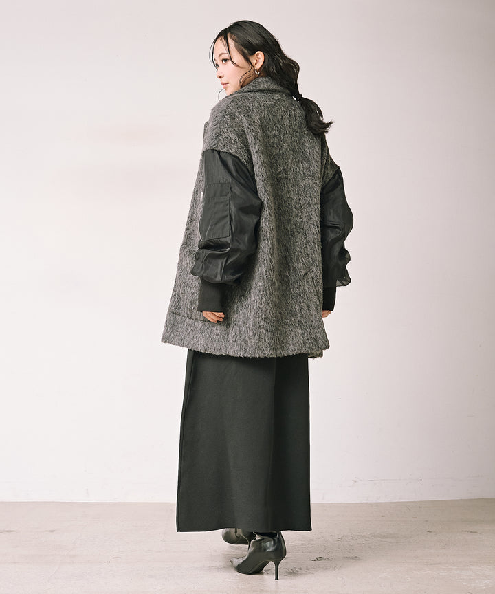 [SET]Doubles Mix Shaggy Coat+Tension Flare Knit Onepiece