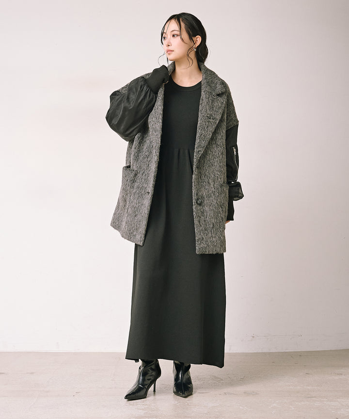 [SET]Doubles Mix Shaggy Coat+Tension Flare Knit Onepiece