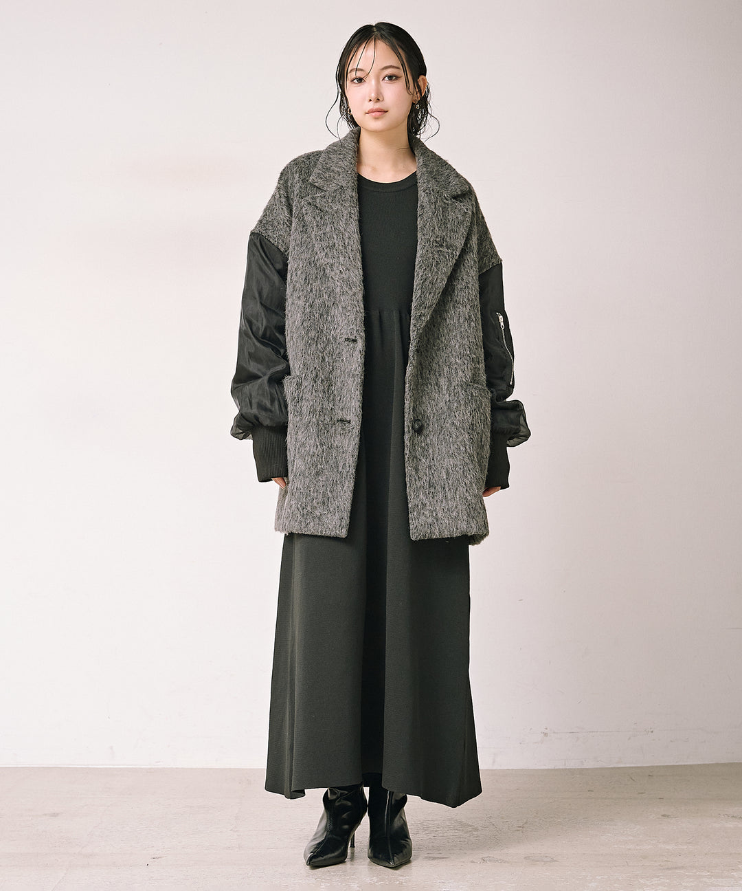 [SET]Doubles Mix Shaggy Coat+Tension Flare Knit Onepiece