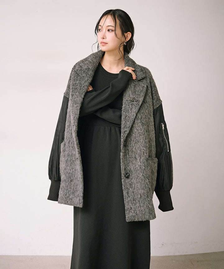 [SET]Doubles Mix Shaggy Coat+Tension Flare Knit Onepiece