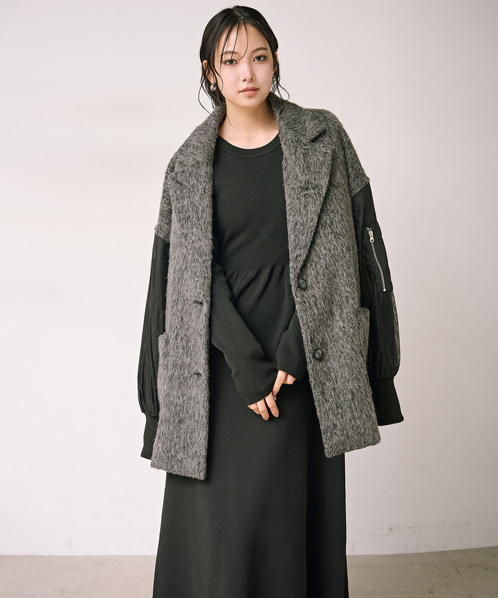 [SET]Doubles Mix Shaggy Coat+Tension Flare Knit Onepiece