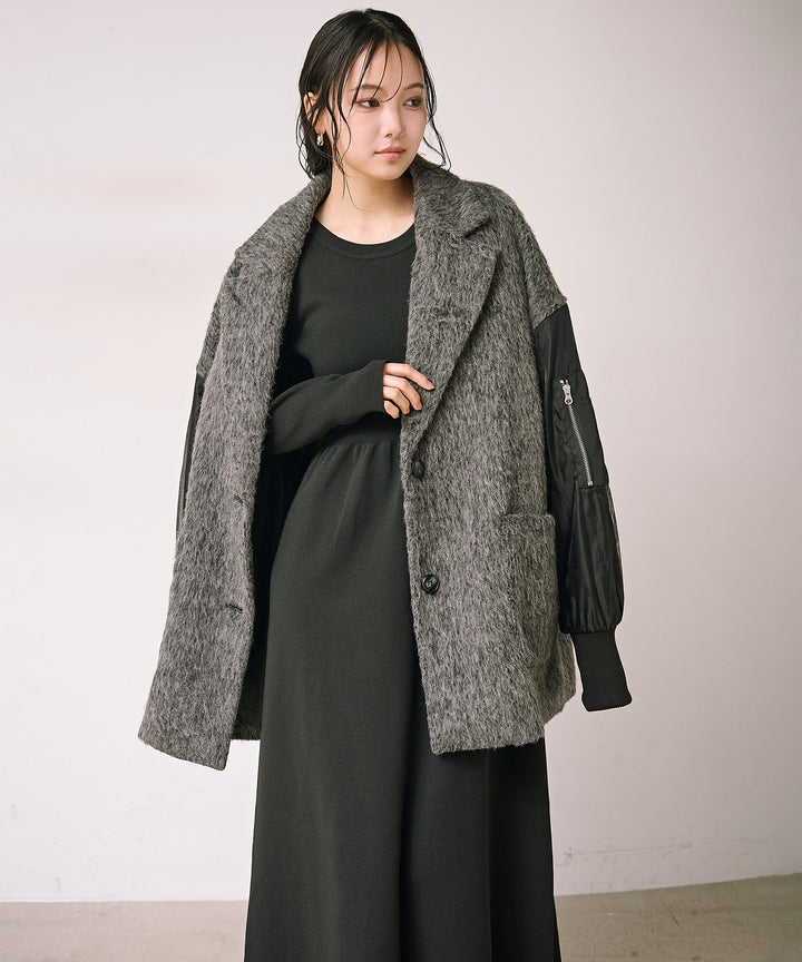 [SET]Doubles Mix Shaggy Coat+Tension Flare Knit Onepiece