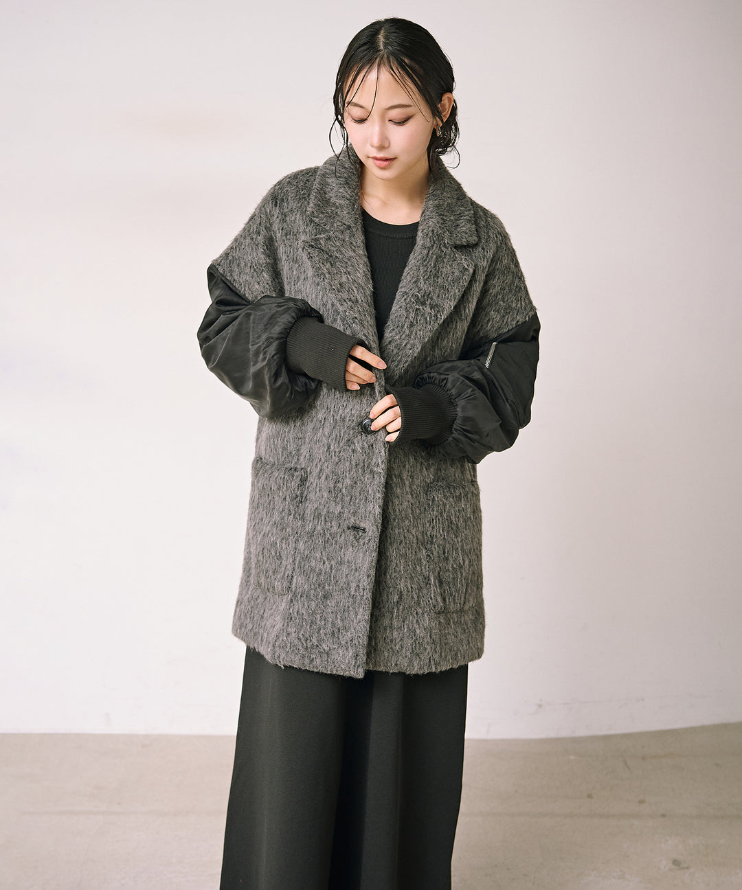 [SET]Doubles Mix Shaggy Coat+Tension Flare Knit Onepiece