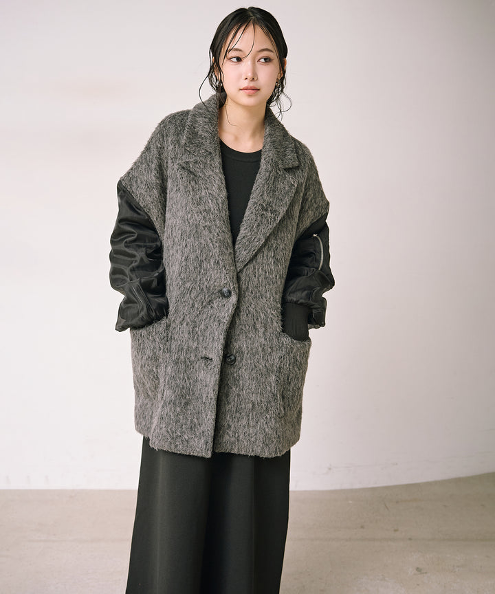 [SET]Doubles Mix Shaggy Coat+Tension Flare Knit Onepiece