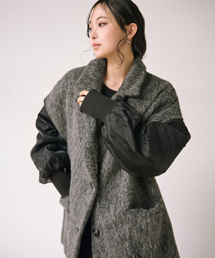[SET]Doubles Mix Shaggy Coat+Tension Flare Knit Onepiece