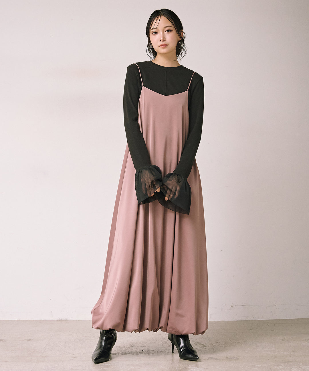 [SET]Luminous Satin Balloon C/A Onepiece+Combination Bell Top