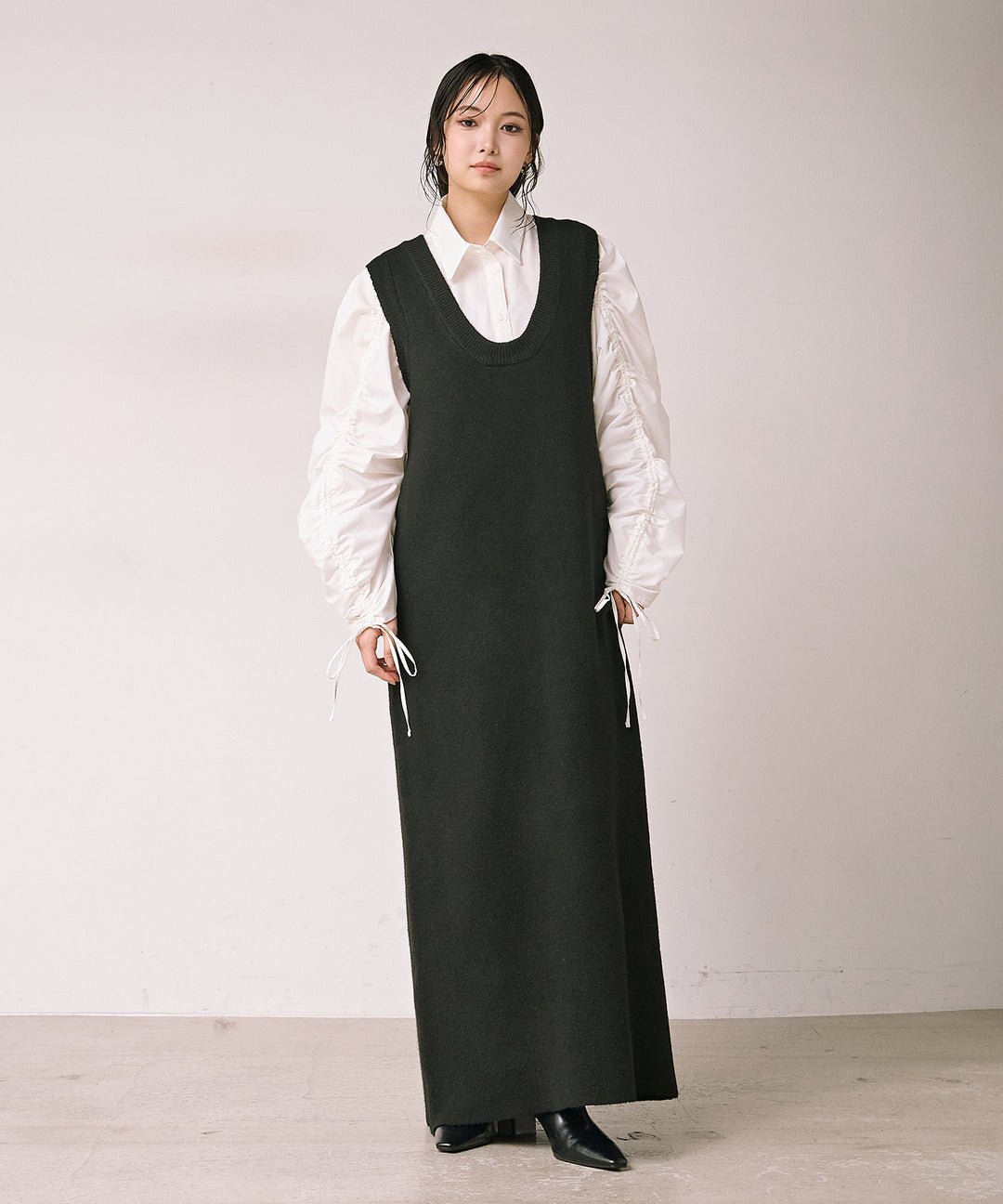 [SET]Draw Sleeve Shirt+Knit Vest Onepiece