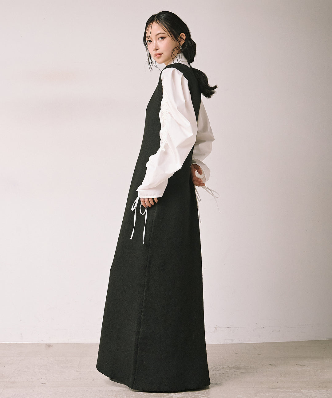 [SET]Draw Sleeve Shirt+Knit Vest Onepiece