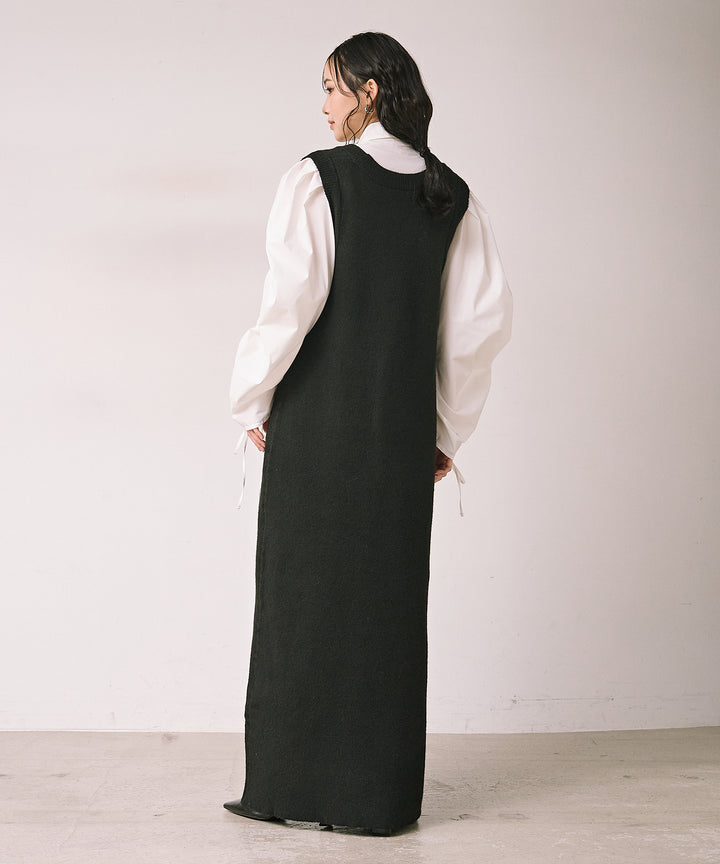 [SET]Draw Sleeve Shirt+Knit Vest Onepiece