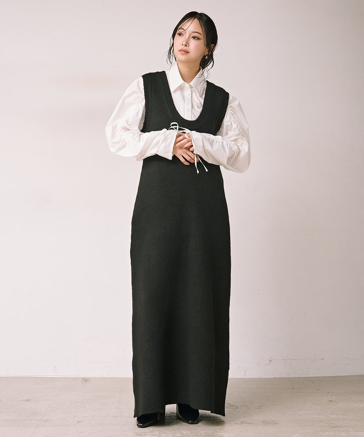 [SET]Draw Sleeve Shirt+Knit Vest Onepiece