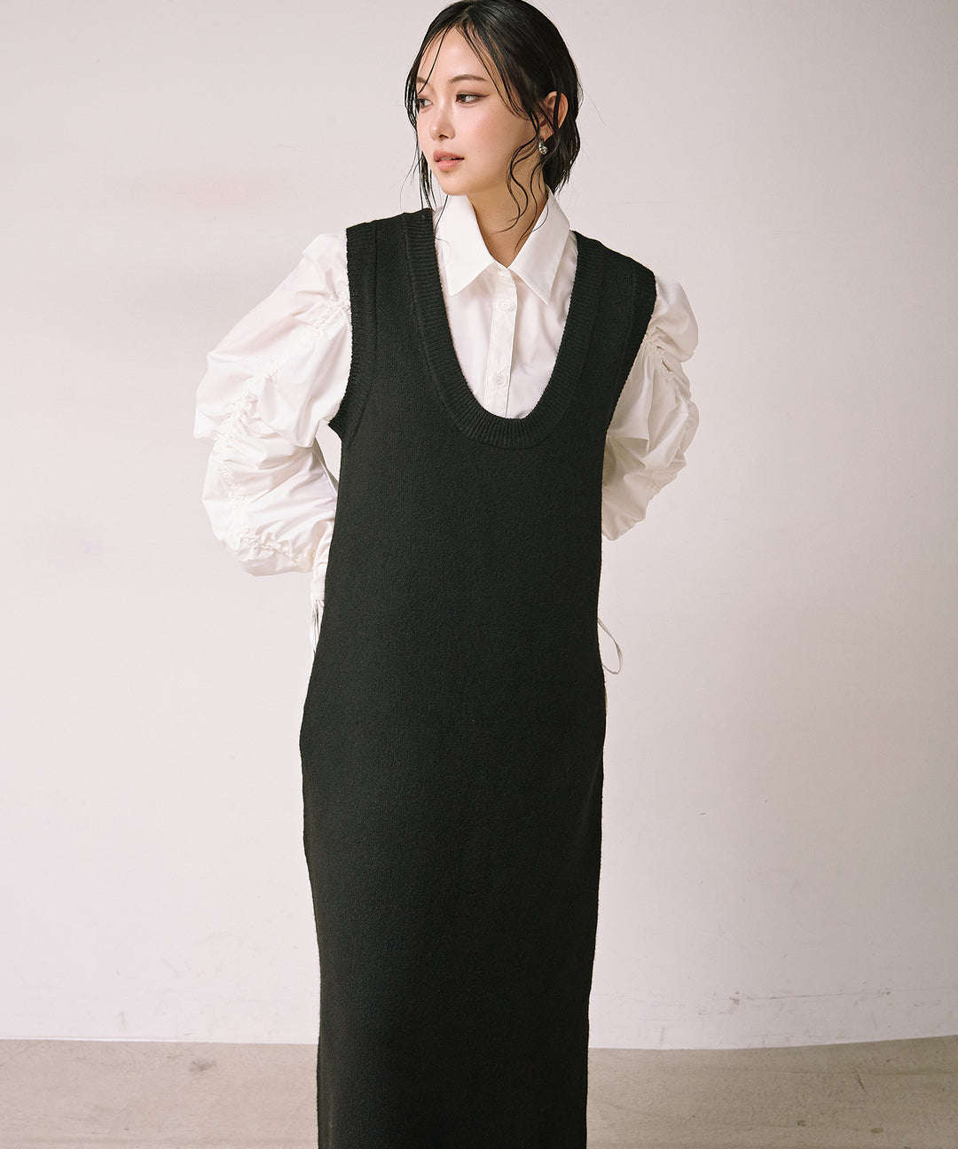 [SET]Draw Sleeve Shirt+Knit Vest Onepiece