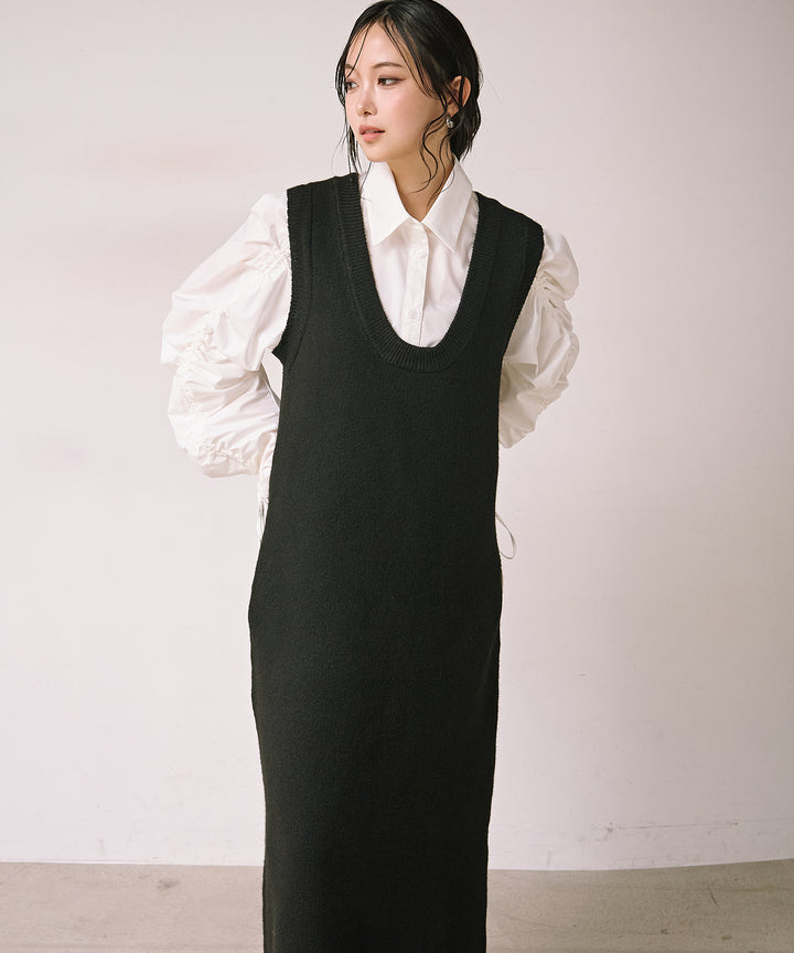 [SET]Draw Sleeve Shirt+Knit Vest Onepiece