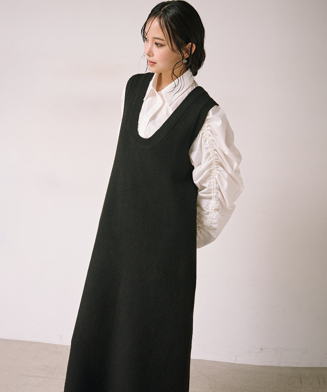 [SET]Draw Sleeve Shirt+Knit Vest Onepiece