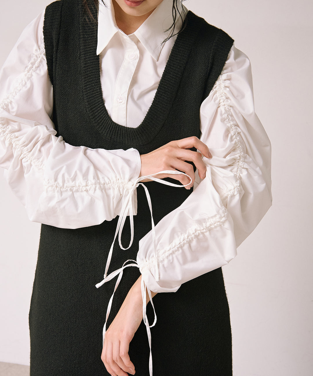 [SET]Draw Sleeve Shirt+Knit Vest Onepiece