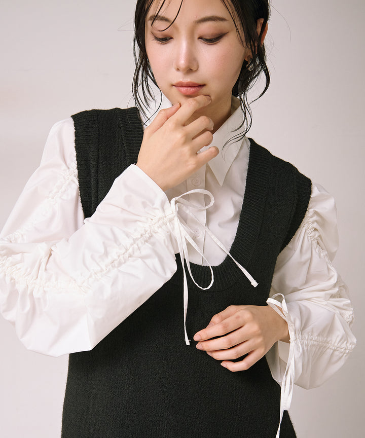 [SET]Draw Sleeve Shirt+Knit Vest Onepiece