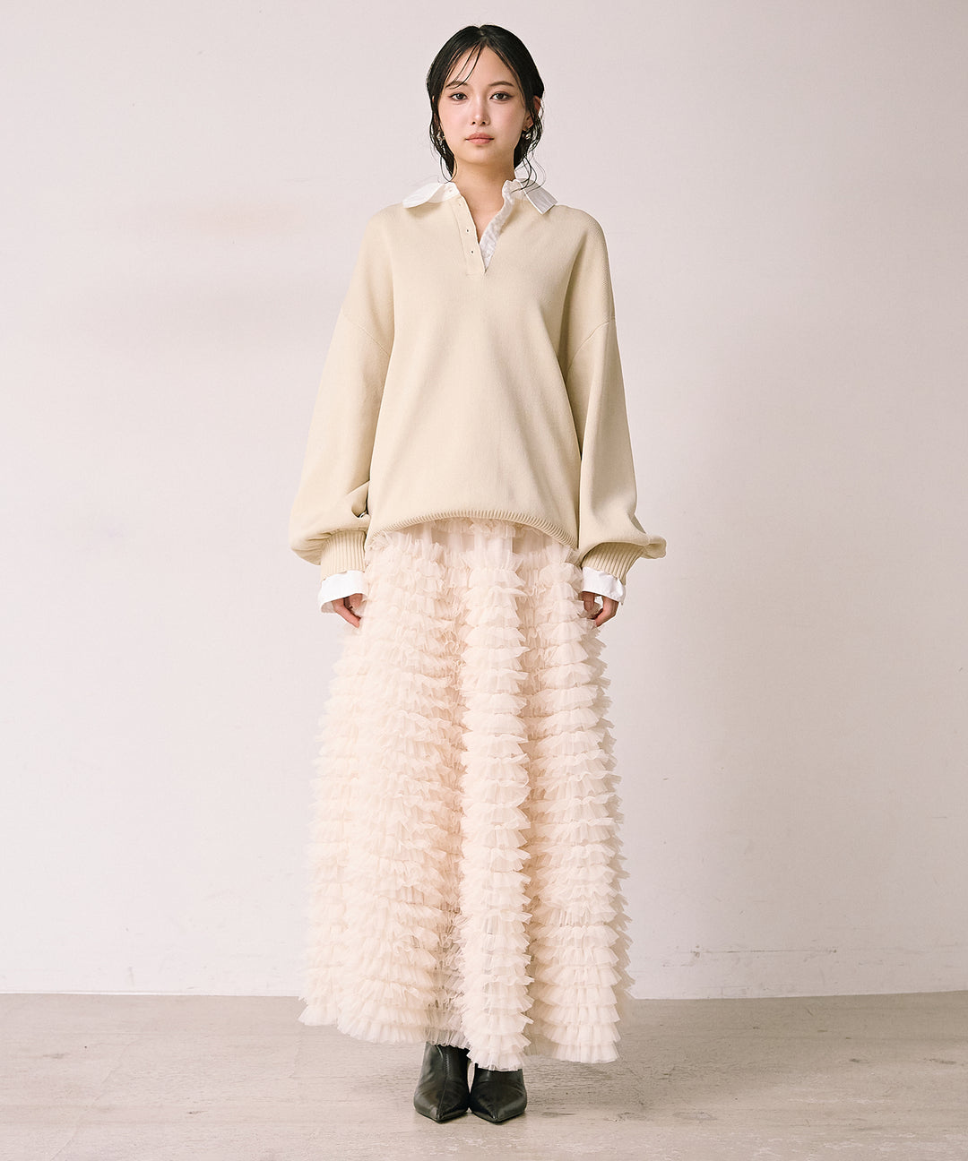 (eliuu)Texture Combi Polo Knit