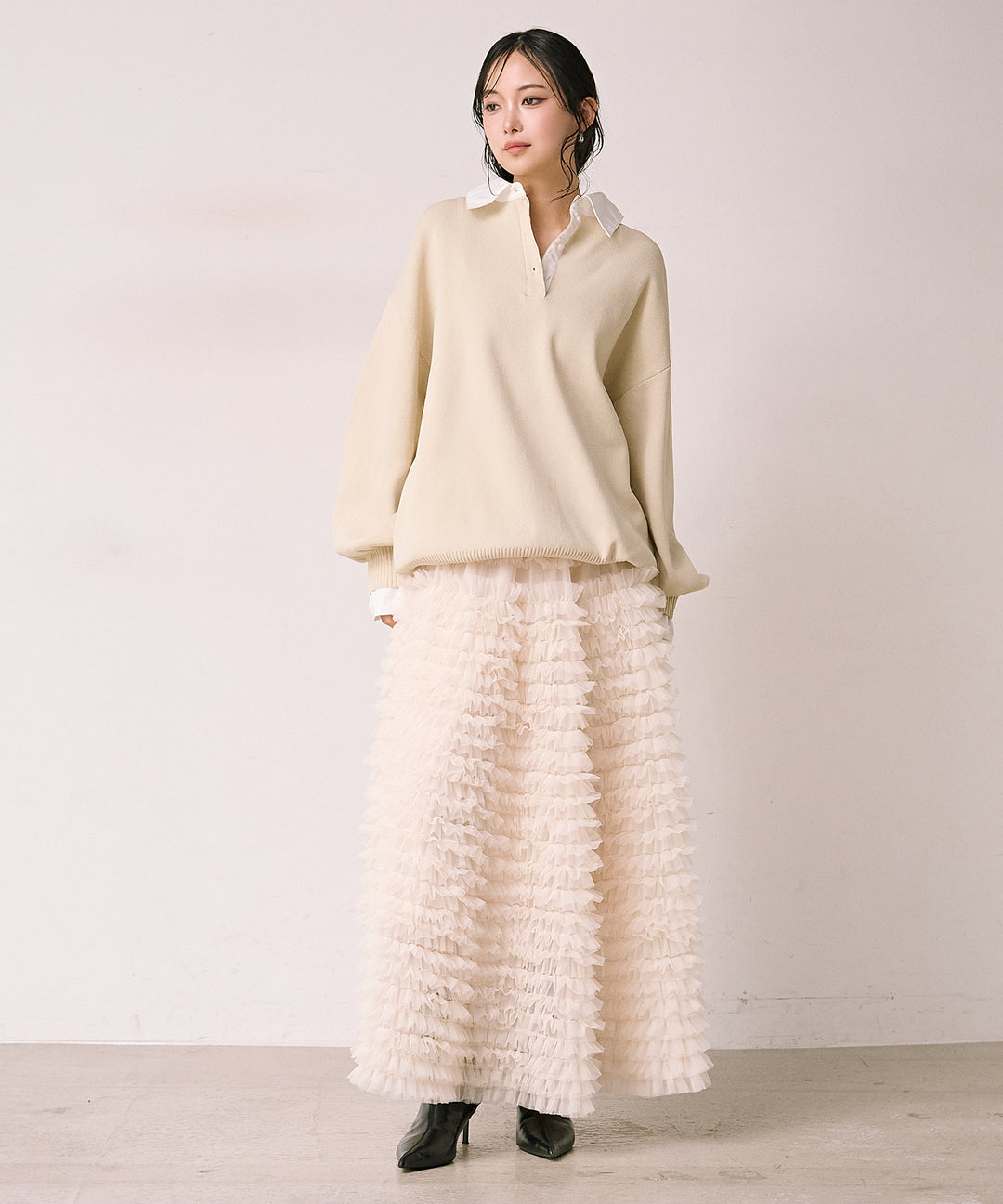 (eliuu)Texture Combi Polo Knit