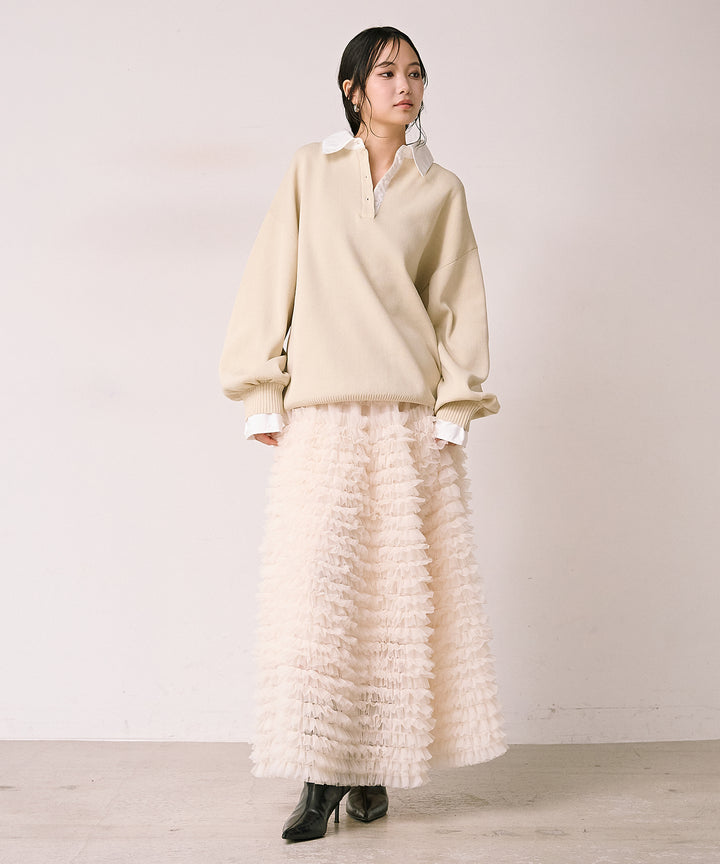[SET]Texture Combi Polo Knit+Verbena Pin Tulle Skirt