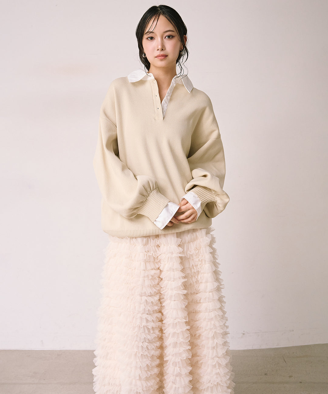 (eliuu)Texture Combi Polo Knit