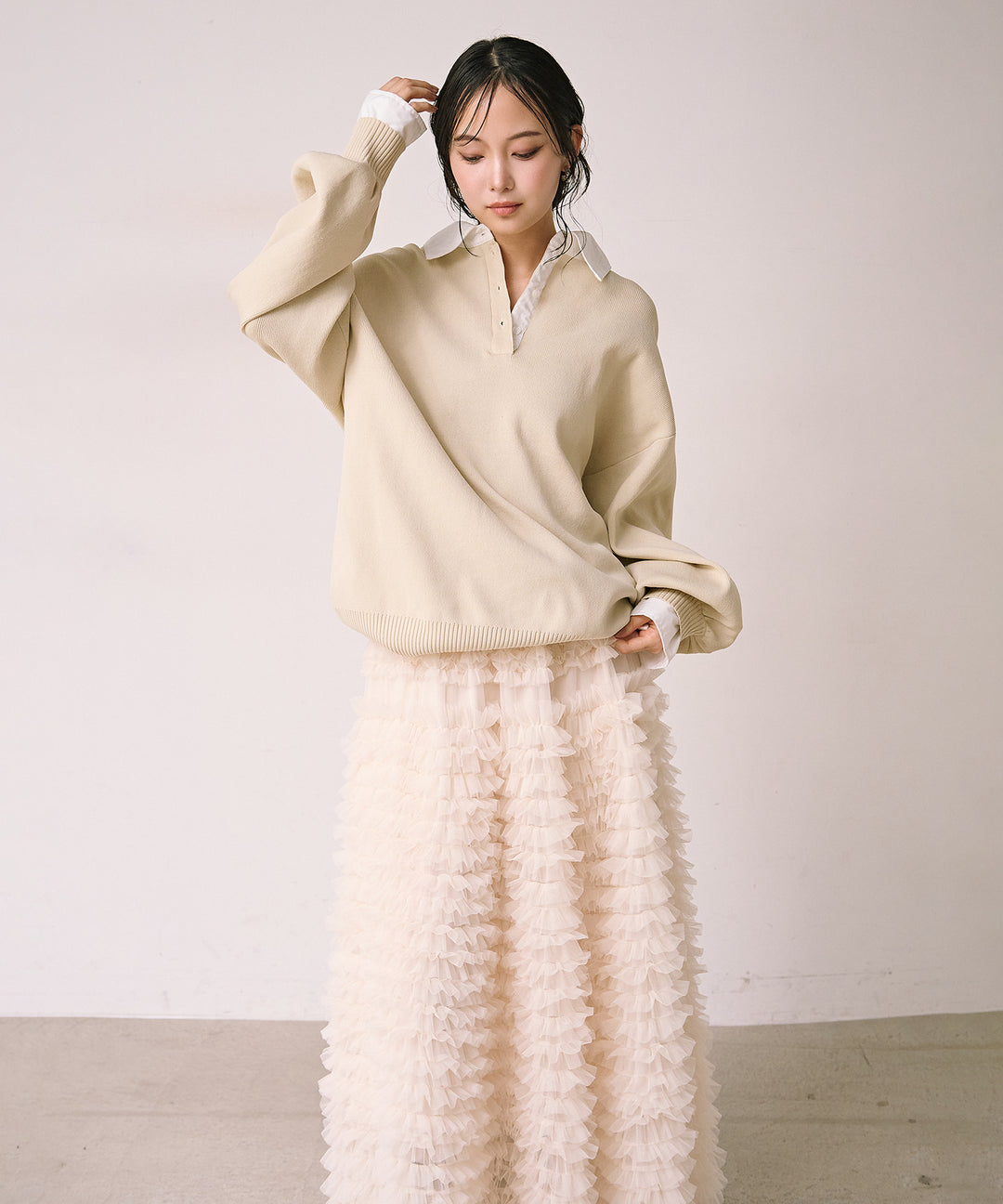 (eliuu)Texture Combi Polo Knit