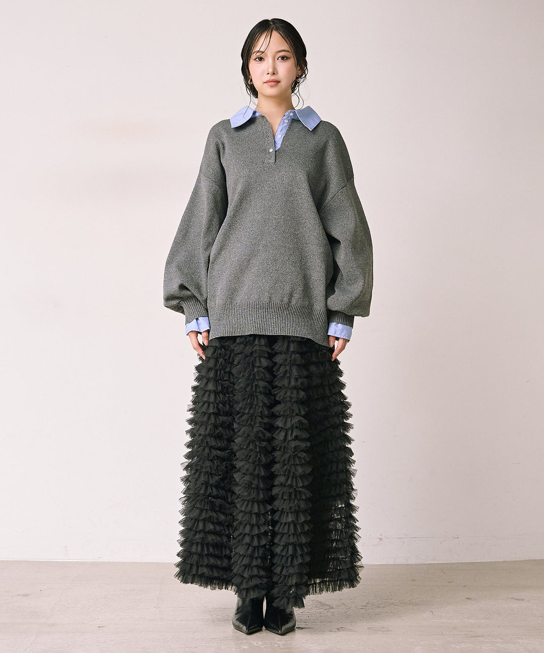 (eliuu)Texture Combi Polo Knit