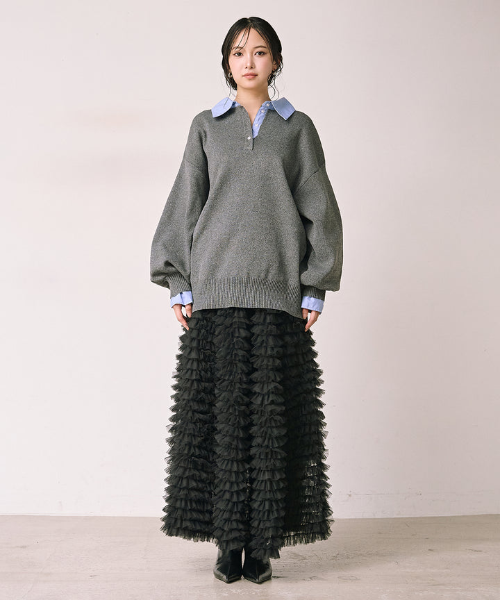 (eliuu)Texture Combi Polo Knit