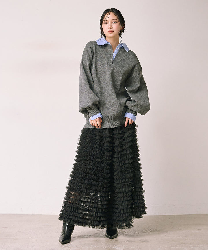 (eliuu)Texture Combi Polo Knit