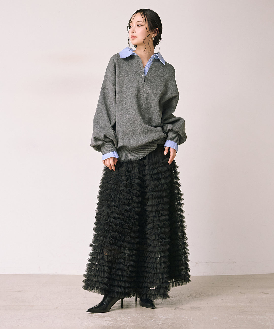 [SET]Texture Combi Polo Knit+Verbena Pin Tulle Skirt