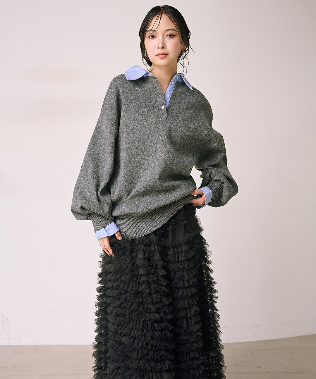 [SET]Texture Combi Polo Knit+Verbena Pin Tulle Skirt