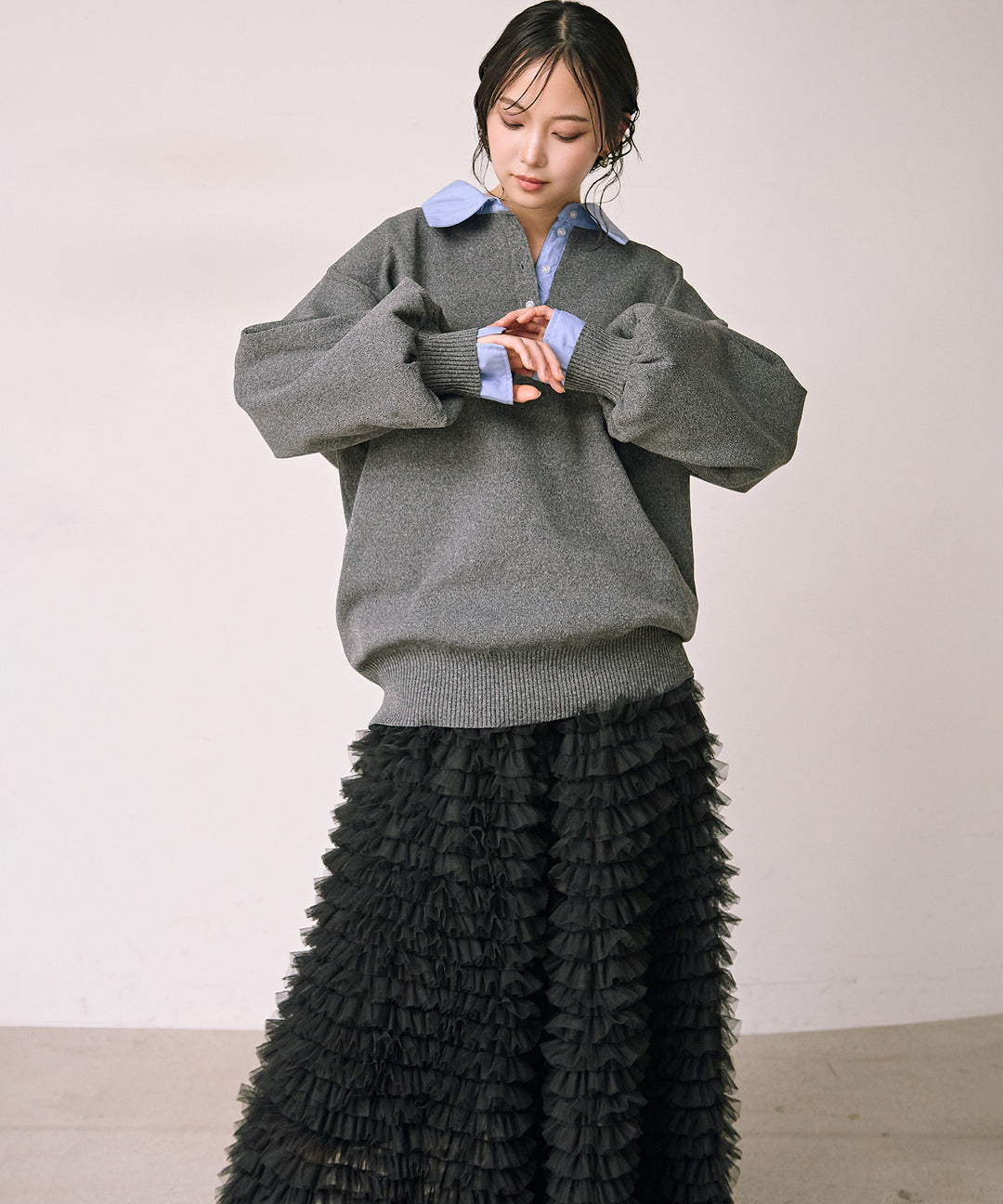 (eliuu)Texture Combi Polo Knit