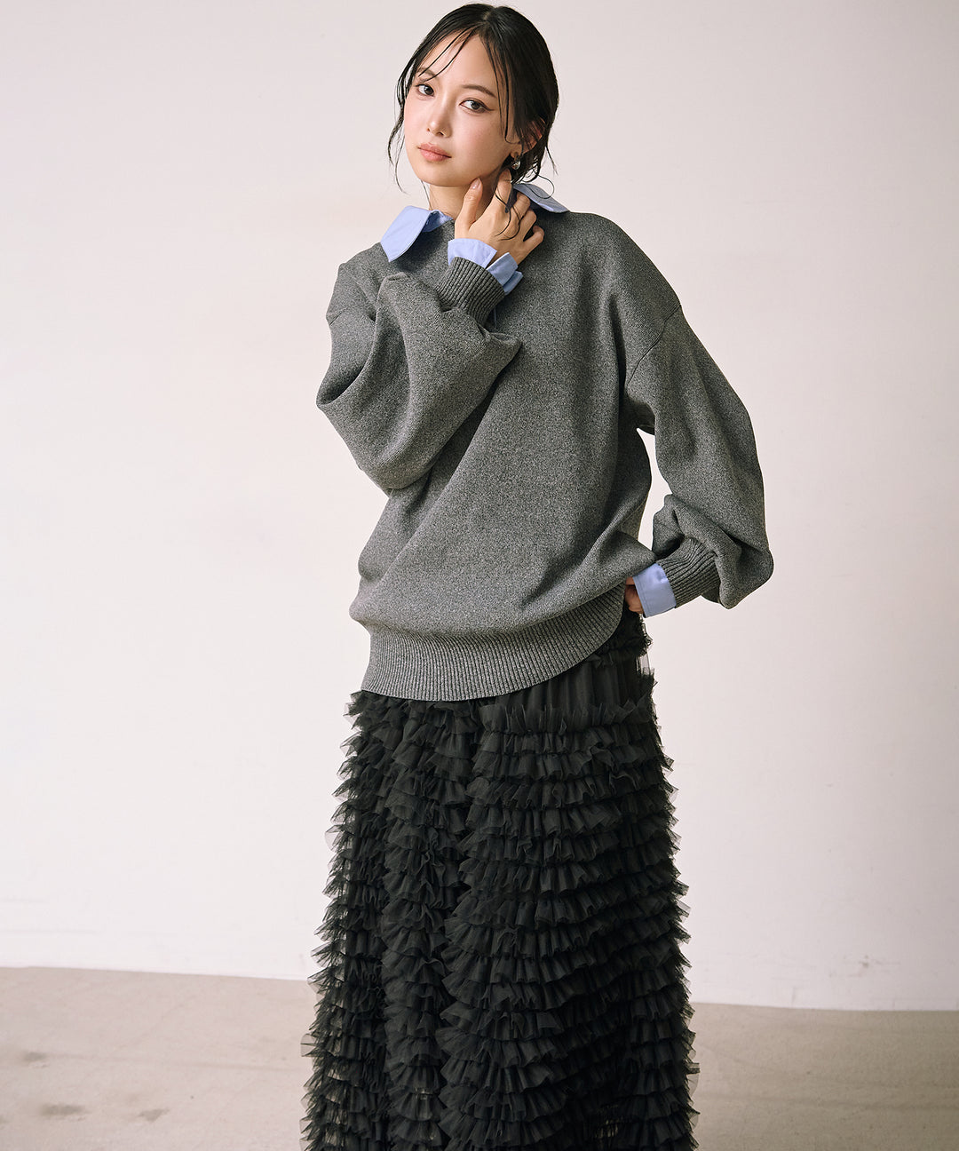 (eliuu)Texture Combi Polo Knit