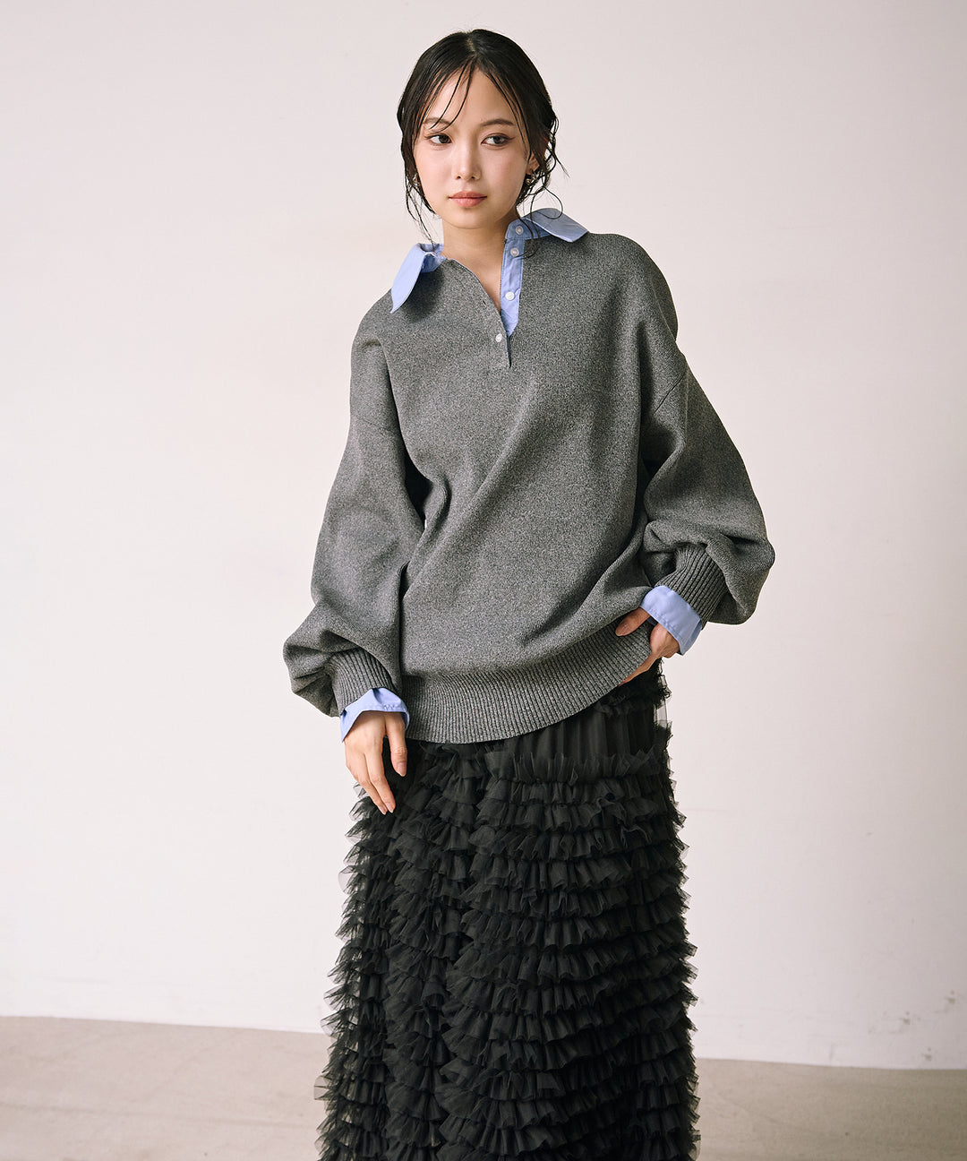 [SET]Texture Combi Polo Knit+Verbena Pin Tulle Skirt