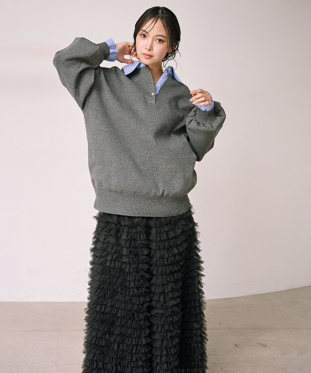 (eliuu)Texture Combi Polo Knit