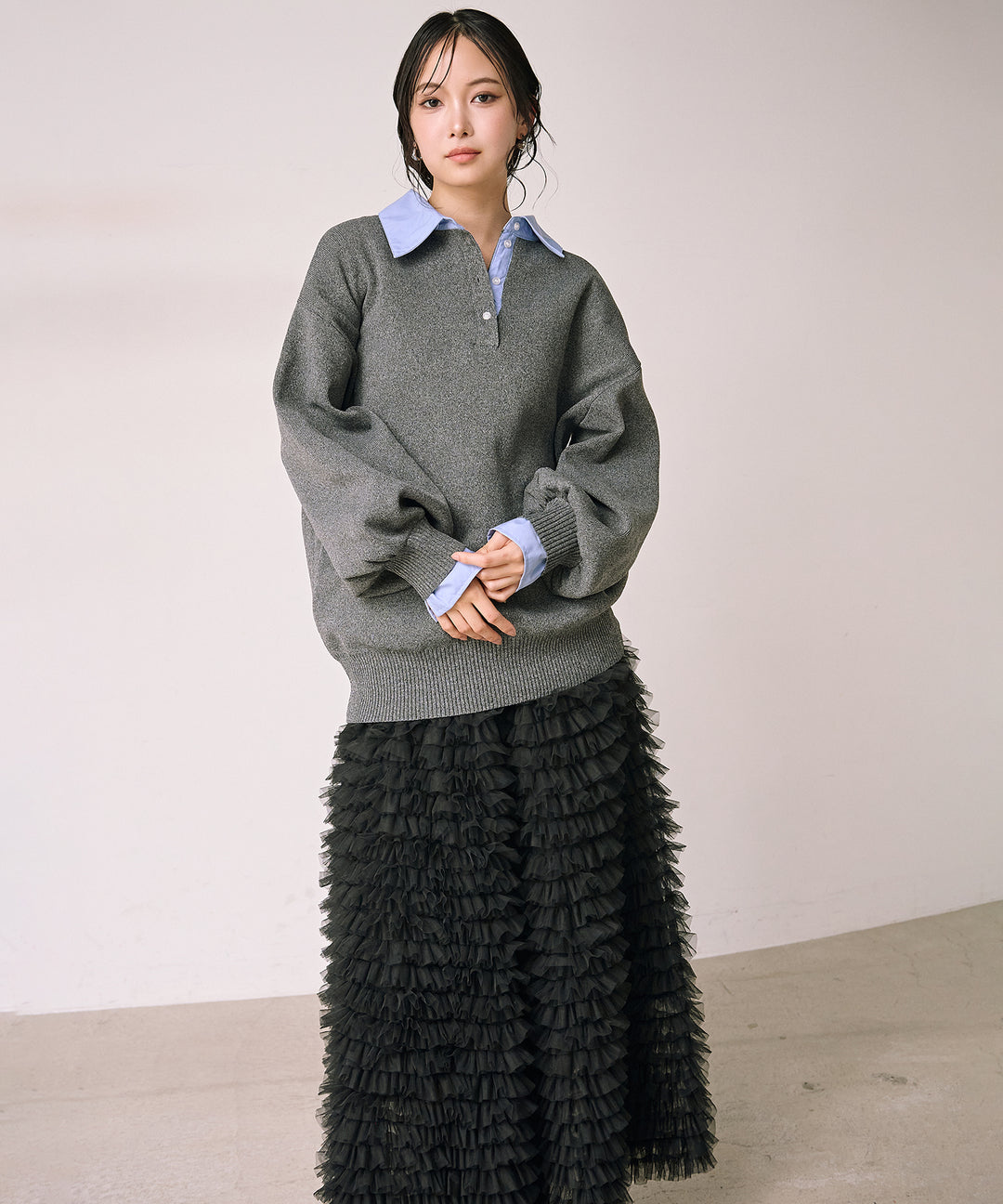 [SET]Texture Combi Polo Knit+Verbena Pin Tulle Skirt