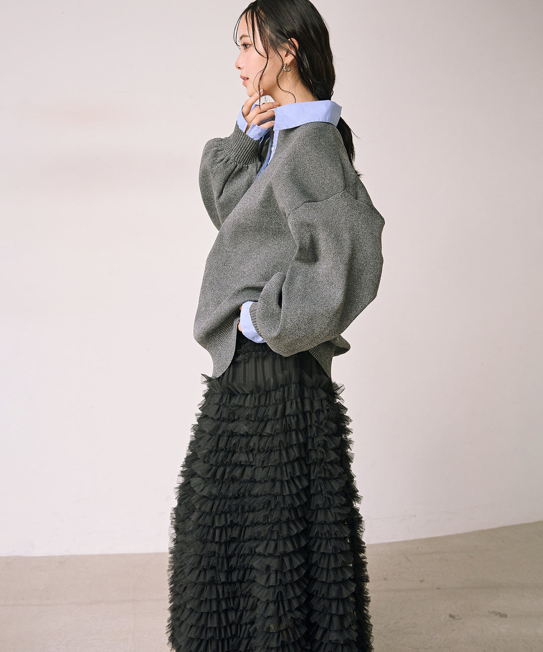 [SET]Texture Combi Polo Knit+Verbena Pin Tulle Skirt